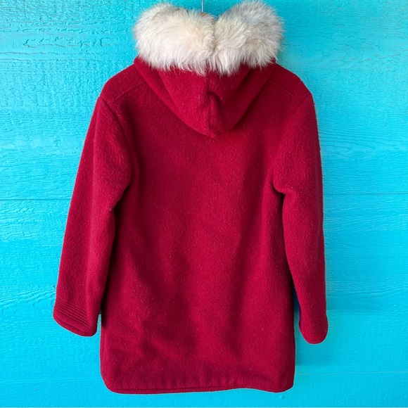 VINTAGE WOOL RED CHRISTMAS COAT FOX FUR HOOD TRIM AND TASSELS SIZE 10 - Picture 10 of 10